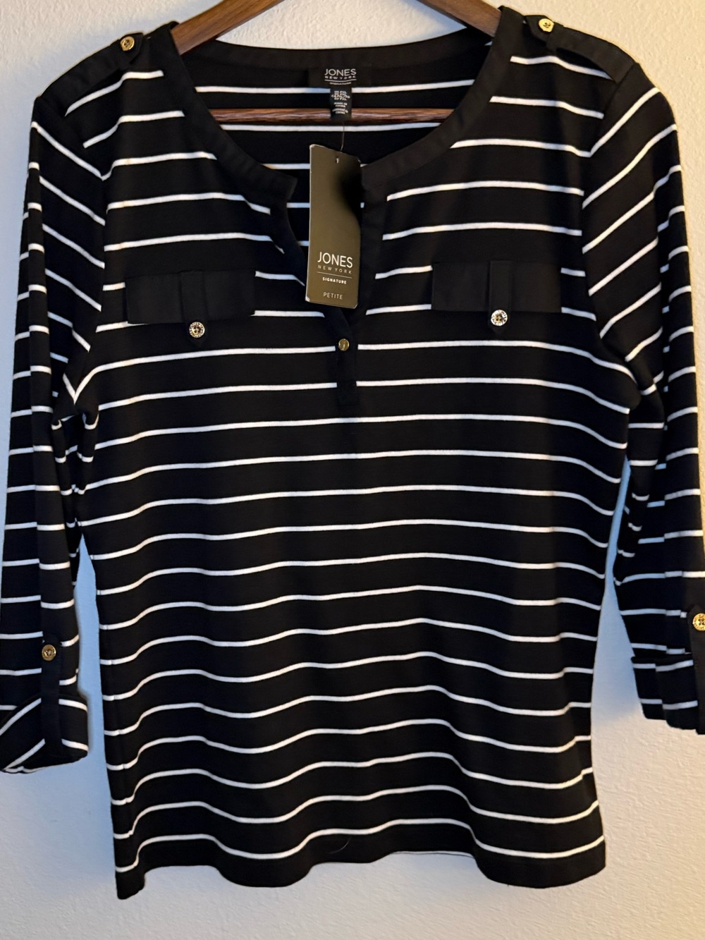 Jones New York Black and White Striped Long-Sleeve Top